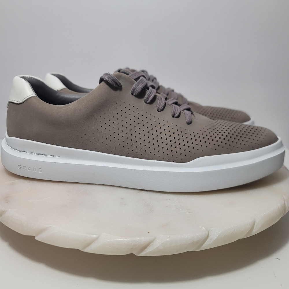 Men's Perforated Taupe Casual Sneakers with White Heel